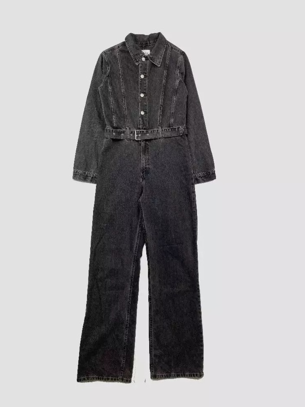 ZARA Denim Jumpsuit Long Sleeve Belted Anthracite Gray Size XS